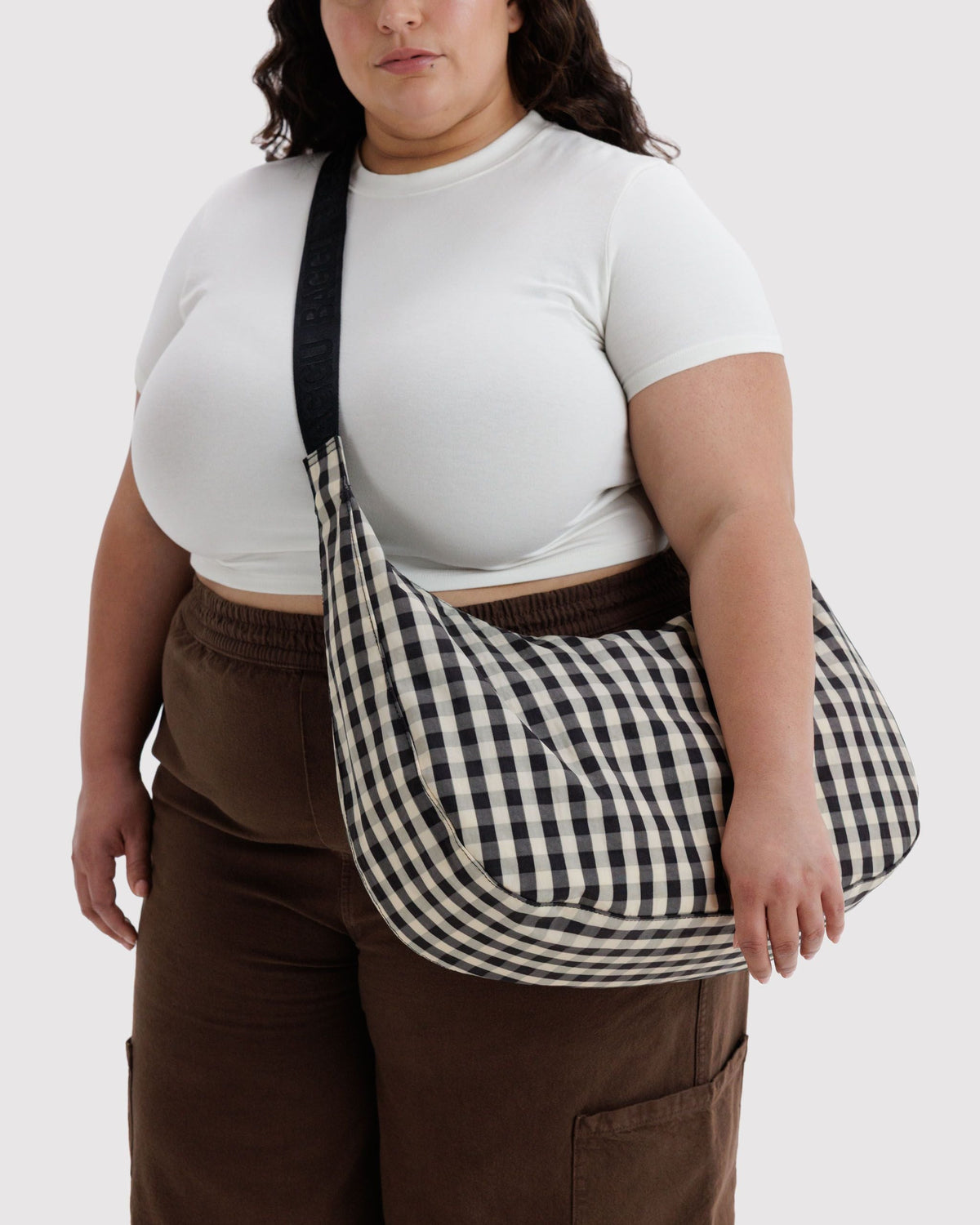 Lightweight Utility Large Nylon Crescent Bag - Black and Cream